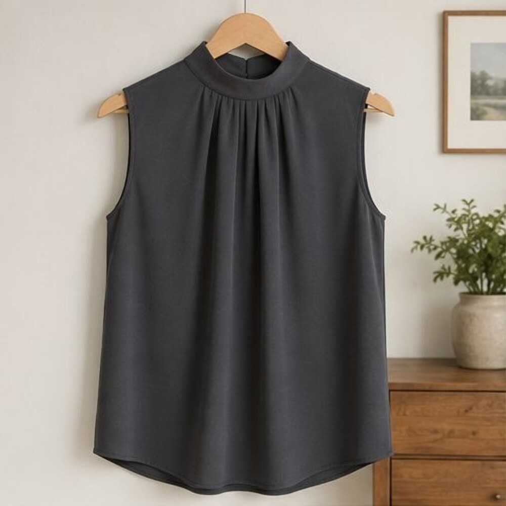 Charcoal Pleated High Neck Blouse